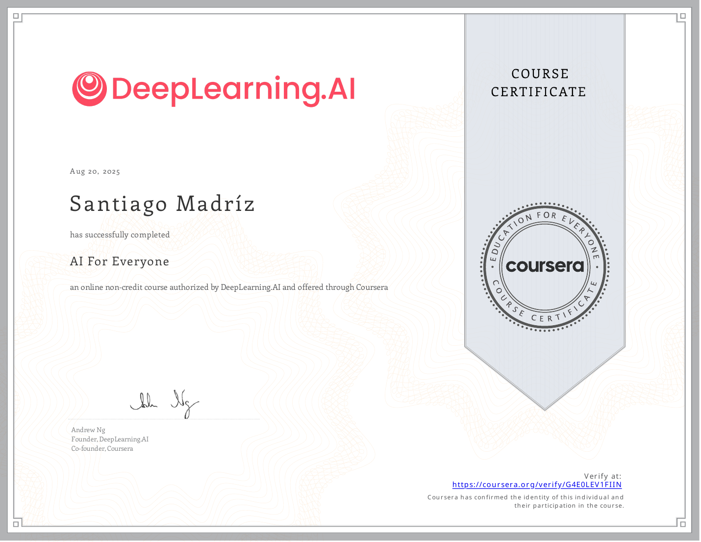 AI For Everyone course certificate