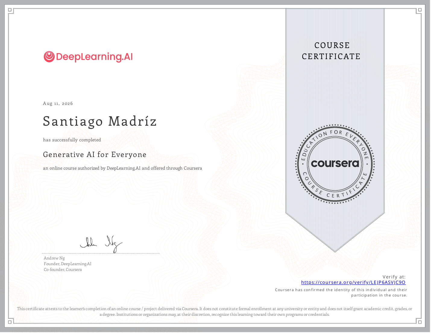 Generative AI for Everyone course certificate