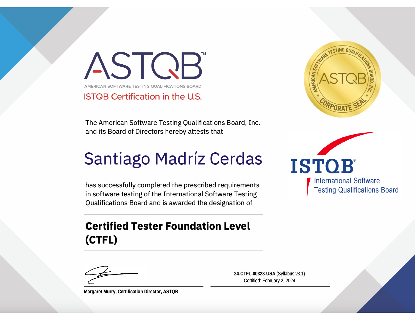 ISTQB Certified Tester Foundation Level certificate