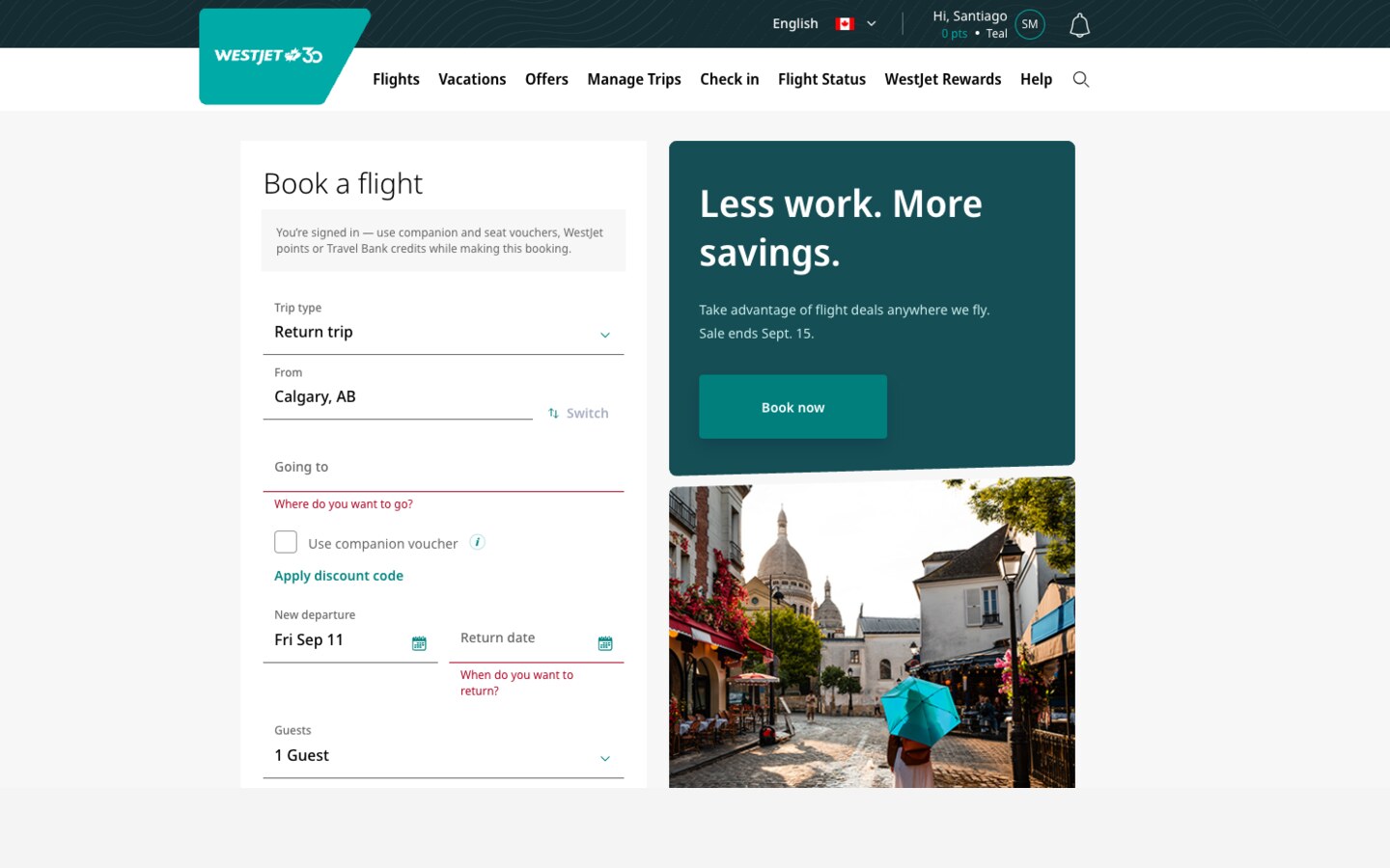 WestJet booking page and flight deals preview